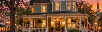 Restored two-story Victorian house with a wraparound porch at dusk