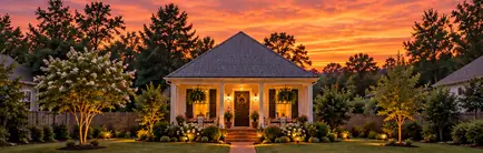 Small pyramidal-roof mill cottage with a front porch in evening light