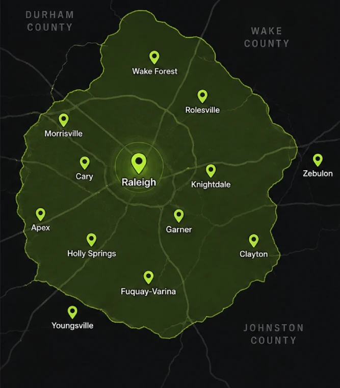 Map of the Electric All Pro service area across Wake, Durham, and Johnston counties