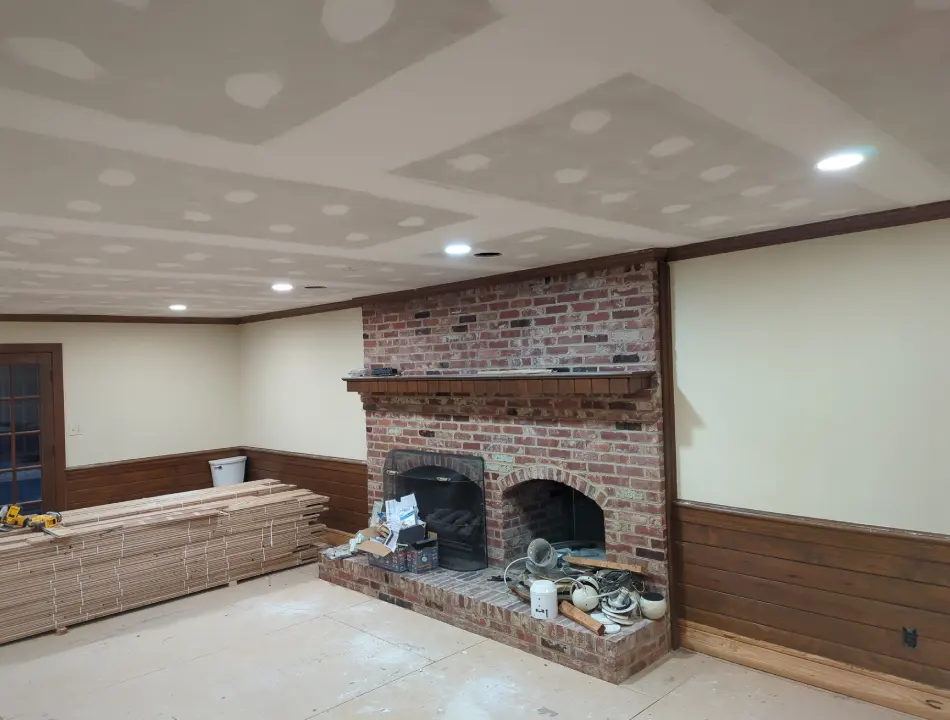 Recessed Lights On Near Brick Fireplace After Living Room Recessed Lighting Upgrade In Raleigh Nc