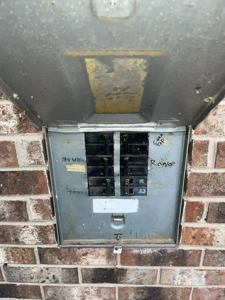 Original Exterior Electrical Panel With Cover Open Showing Existing Breakers Before Replacement.